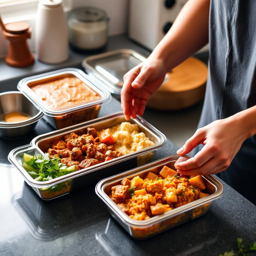 Freshly cooked food being packed in clean containers